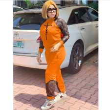 Fashion Print Patchwork Lace Long Sleeve And Pants 2 Piece Set MAE-2157