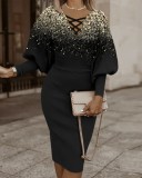 V-neck Print Long Sleeve Midi Dress LS-0388