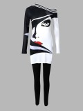 Plus Size Casual Print Long Sleeve Pencil Pants Two Piece Set SH-22110442308