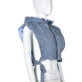 Denim Hollow Out Straps Hooded Vest GBTF-9124