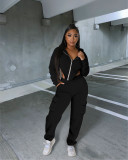 Solid Irregular Zipper Coat Pocket Pants Two Piece Set IV-8354