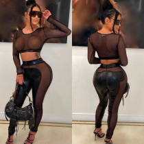 Mesh See-through Splice Pants Two Piece Set GBTF-9075