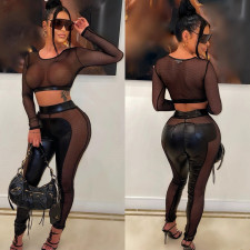 Mesh See-through Splice Pants Two Piece Set GBTF-9075