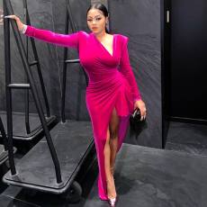 Velvet Long Sleeve Irregular Low-cut Dress LSL-6505