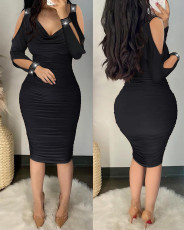 V-neck Hot Drill Solid Color Midi Dress LS-0385