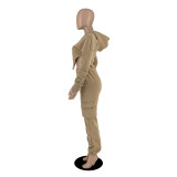 Solid Irregular Zipper Coat Pocket Pants Two Piece Set IV-8354