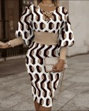 V-neck Print Long Sleeve Midi Dress LS-0388
