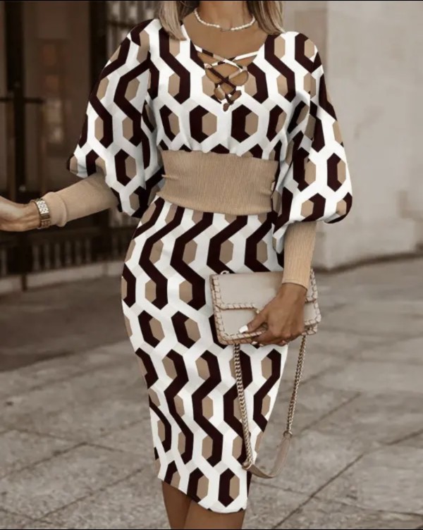 V-neck Print Long Sleeve Midi Dress LS-0388