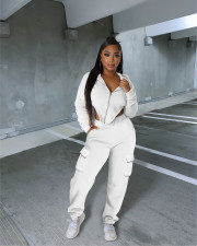 Solid Irregular Zipper Coat Pocket Pants Two Piece Set IV-8354