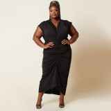 Plus Size Solid Color V-neck Ruched Midi Dress NNWF-3069