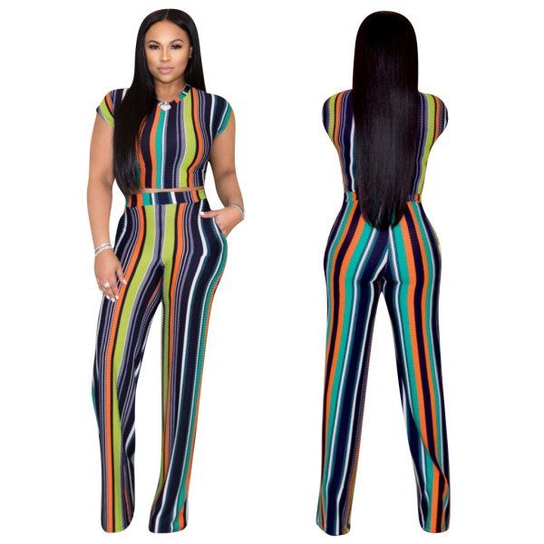 Printed Striped Short Sleeve Pants Two Piece Set TE-4536
