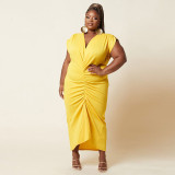 Plus Size Solid Color V-neck Ruched Midi Dress NNWF-3069