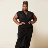 Plus Size Solid Color V-neck Ruched Midi Dress NNWF-3069