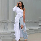 Plus Size Side Slit Slant Shoulder Single Sleeve Long Top NY-10358