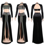 Sexy Splice Hot Diamond Long Sleeve And Skirts Two Piece Set NY-2647