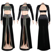 Sexy Splice Hot Diamond Long Sleeve And Skirts Two Piece Set NY-2647
