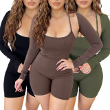Solid Color Shawl Backless Tie Up Rompers Two Piece Set ASL-6627