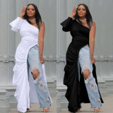 Plus Size Side Slit Slant Shoulder Single Sleeve Long Top NY-10358