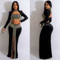 Sexy Splice Hot Diamond Long Sleeve And Skirts Two Piece Set NY-2647