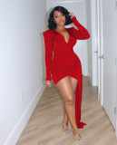 Sexy Solid V Neck Irregular Bodycon Dress AIL-234