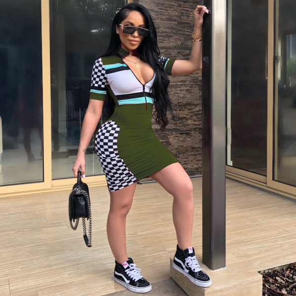 Fashion Print Black White Plaid Mini Dress TE-4538