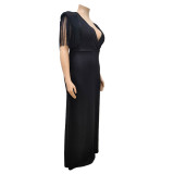 Plus Size Solid Tassel Sleeveless Maxi Dress ONY-7041