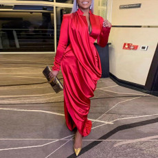 Plus Size Deep V Pleated Long Sleeve Maxi Dress NY-10371
