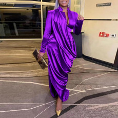 Plus Size Deep V Pleated Long Sleeve Maxi Dress NY-10371