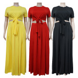 Plus Size Short Sleeve Tie Up Pullover And Big Swing Skirt 2 Piece Set NNWF-3023
