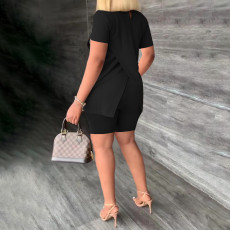 Solid High Collar Split Pullover And Skinny Short 2 Piece Set JRF-3722