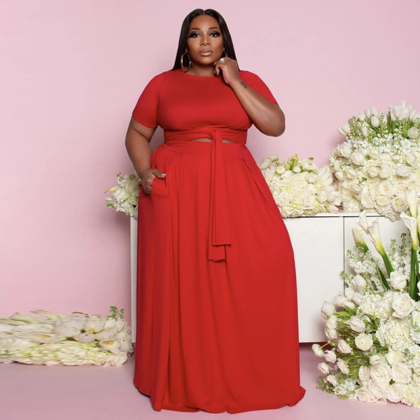 Plus Size Short Sleeve Tie Up Pullover And Big Swing Skirt 2 Piece Set NNWF-3023