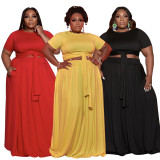 Plus Size Short Sleeve Tie Up Pullover And Big Swing Skirt 2 Piece Set NNWF-3023