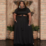 Plus Size Short Sleeve Tie Up Pullover And Big Swing Skirt 2 Piece Set NNWF-3023