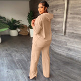 Solid 3/4 Sleeve Hooded Sweatshirt Pant Two Piece Set MIL-L404
