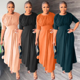 Solid Half Sleeve Pleated Irregular Maxi Dress MIL-L395