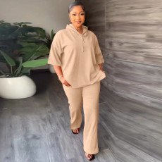 Solid 3/4 Sleeve Hooded Sweatshirt Pant Two Piece Set MIL-L404