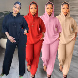 Solid 3/4 Sleeve Hooded Sweatshirt Pant Two Piece Set MIL-L404