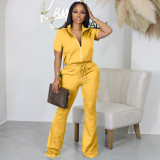 Short Sleeve Zipper Coat And Flare Pant 2 Piece Set MIL-L405