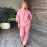 Solid 3/4 Sleeve Hooded Sweatshirt Pant Two Piece Set MIL-L404