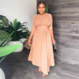 Solid Half Sleeve Pleated Irregular Maxi Dress MIL-L395