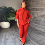 Solid 3/4 Sleeve Hooded Sweatshirt Pant Two Piece Set MIL-L404