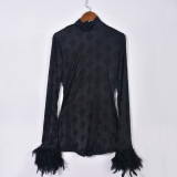 Long Sleeved Patchwork Feather Mesh Jumpsuit GBTF-6905