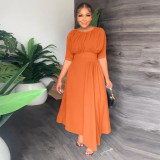 Solid Half Sleeve Pleated Irregular Maxi Dress MIL-L395