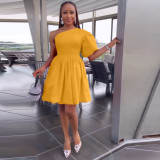 Single Shoulder Puff Sleeve Pleated Dress MIL-L402