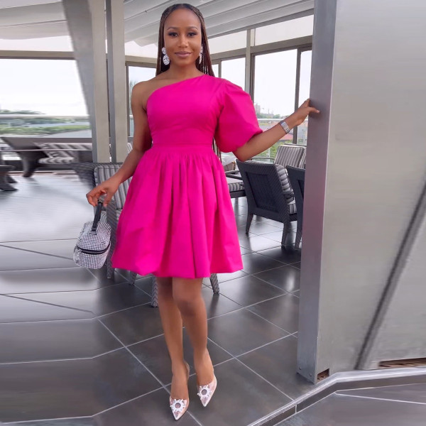 Single Shoulder Puff Sleeve Pleated Dress MIL-L402