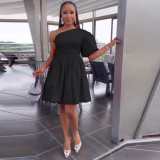 Single Shoulder Puff Sleeve Pleated Dress MIL-L402