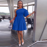 Single Shoulder Puff Sleeve Pleated Dress MIL-L402