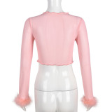 Mesh See Through Feather Splicing T Shirt GBTF-8792