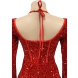 Long Sleeve Halter Sequin Mini Dress BY-6046