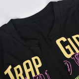 Letter Print Tie Up Loose Casual T-Shirt GBTF-7344